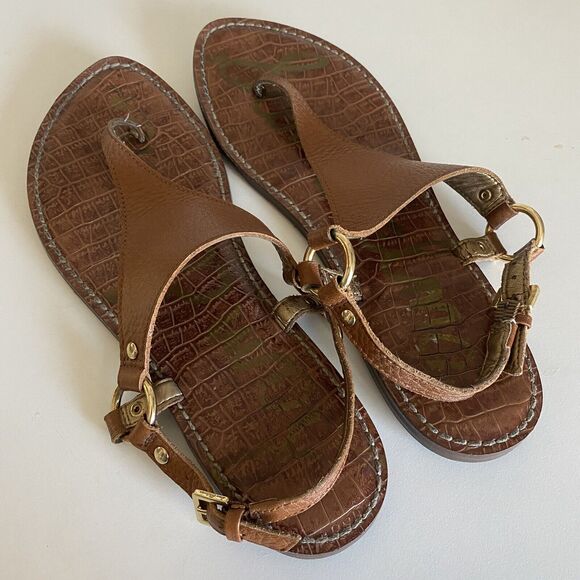 Sam Edelman Greta Leather T-Strap Flat Sandal Thong Ankle Strap Brown 8 - Picture 5 of 7